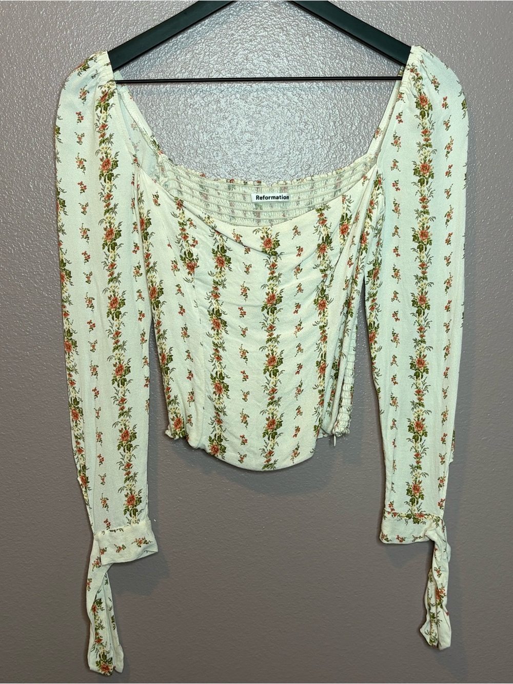 Reformation Cream Floral Long-Sleeve Square-Neck Blouse with Tie Cuffs